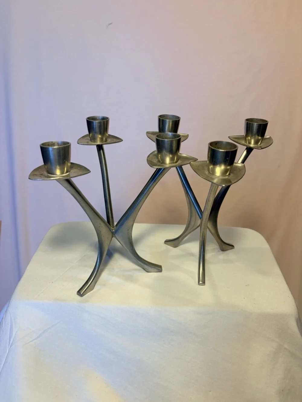 Two Amazing Brodene Mylius Norway triform candleholder. Vintage Modernist Pewter